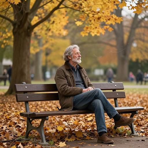 Photograph of an elderly white man with gray beard and hair, wearing brown jacket and jeans, sitting on a park bench amidst fallen autumn leaves.