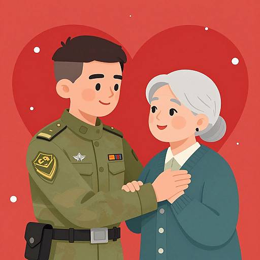 Cartoon-style digital drawing of a smiling young military man in green uniform and a white-haired woman in blue cardigan, holding hands against a red heart