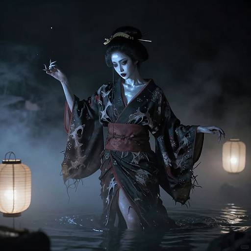 Digital art of a ghostly woman in a tattered kimono, standing in water at night, illuminated by lanterns, with blue glow and mist
