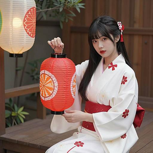 Asian Woman in Kimono Holding Red Lantern