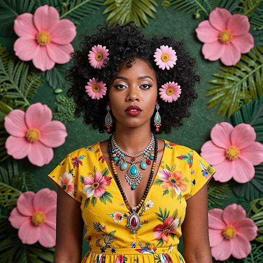 Photograph of an African woman with curly black hair, adorned with pink flowers, wearing a vibrant yellow floral dress, turquoise jewelry, and a green leaf
