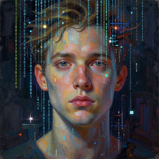 Digital portrait of a young man with green eyes, tousled brown hair, and glowing blue and orange light effects, surrounded by vertical binary code. Cyber