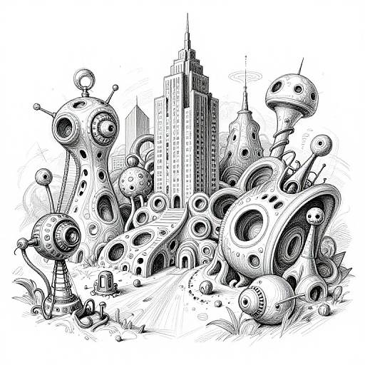 Black-and-white digital drawing of a surreal cityscape featuring whimsical, organic, and robotic structures with large, circular eyes, surrounding a tall, classic