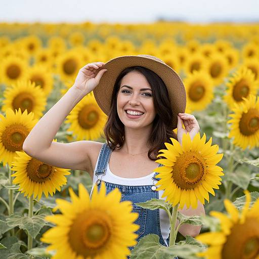 Smiling woman in denim overalls and straw hat standing in vibrant sunflower field, with yellow flowers filling the background. Photograph.