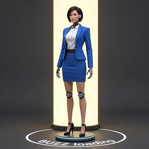 CGI image of a robotic woman with short black hair, blue suit, white blouse, black high heels, and cybernetic legs, standing on