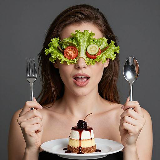 Photograph of a woman with dark hair, wearing a lettuce and fruit mask, holding a fork and spoon, looking at a dessert plate with cream,
