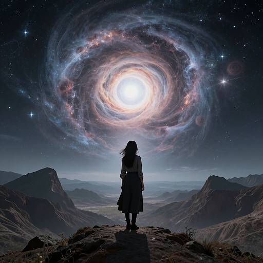 Silhouetted woman in long coat gazes at glowing, swirling galaxy above mountainous landscape at night; digital art with ethereal, star-filled