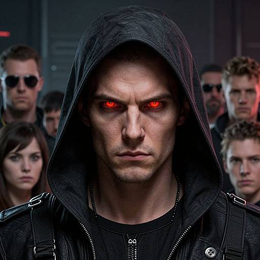 Photograph of a serious, muscular man with glowing red eyes, wearing a black hooded jacket, surrounded by serious-looking people in dim, dark-ton