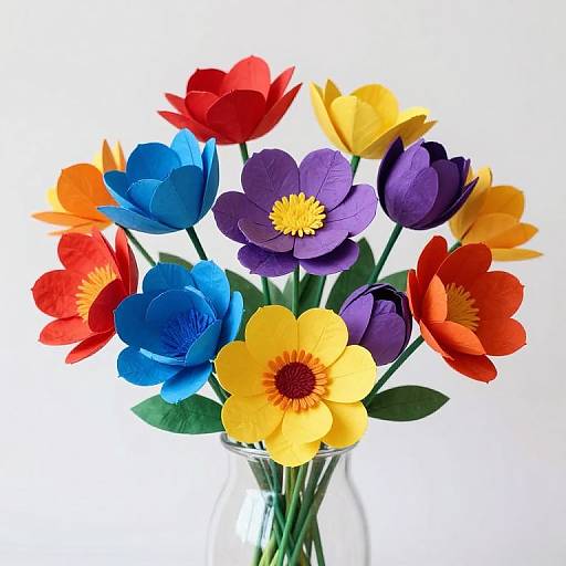 Colorful paper flower bouquet in a glass vase, featuring red, yellow, blue, purple tulips, and orange poppies, against a white background