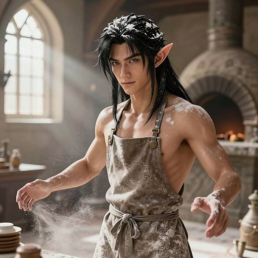 Digital art: Muscular elf with long black hair, pointed ears, wearing a dusty gray apron, flouring hands in a sunlit, medieval