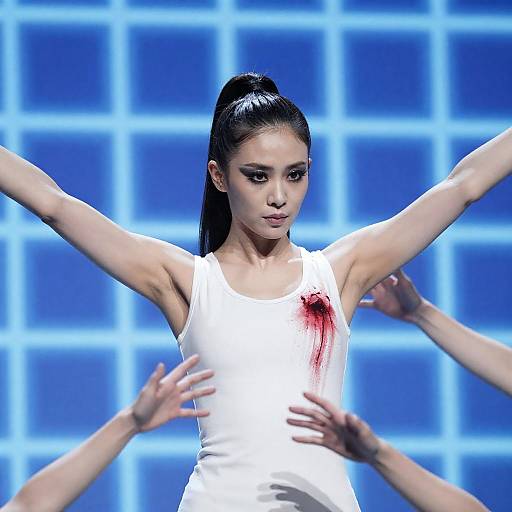 Bleeding Woman Against Blue Geometric Grid