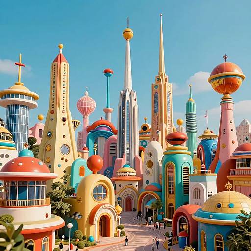 Vibrant, surreal cityscape photograph featuring colorful, futuristic buildings with varied shapes, domes, and spires under a bright blue sky.