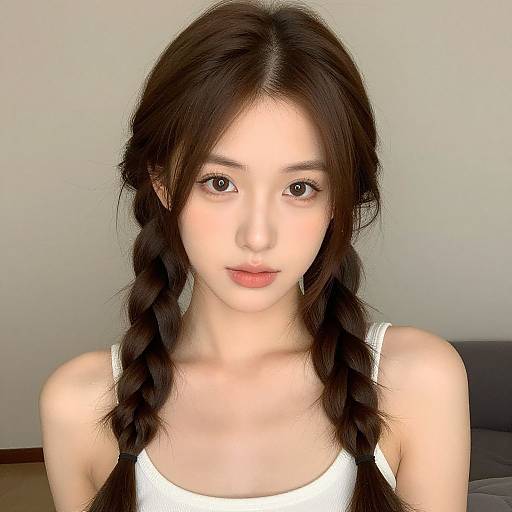 Photograph of an East Asian woman with fair skin, long black braided hair, and soft brown eyes, wearing a white tank top, against a