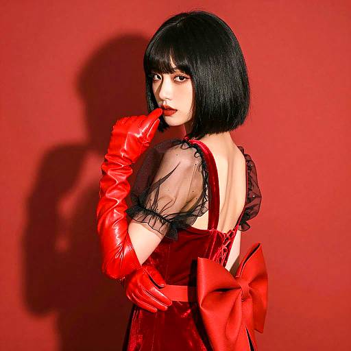 Elegant Woman in Red Velvet and Gloves