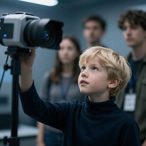 Curious Boy Under Futuristic Camera