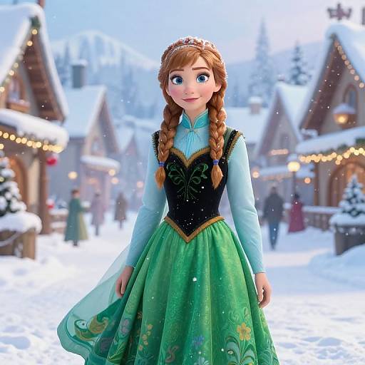 Digital art of Elsa from Frozen standing in a snow-covered village, wearing a green and black dress with braided hair, surrounded by festive, snow-covered