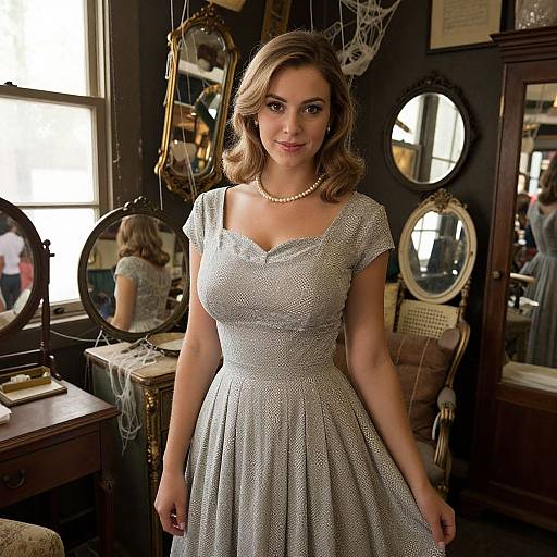 Photograph of a smiling woman with wavy brown hair, wearing a pearl necklace and a silver, short-sleeved, lace dress, standing in