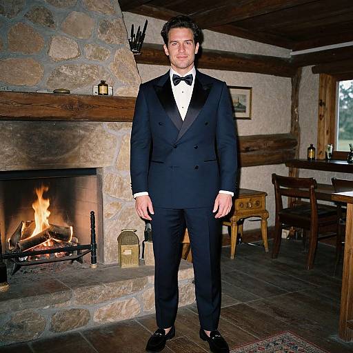 Photograph of a smiling man in a black tuxedo with a bow tie, standing in a rustic, wood-paneled room with a lit stone