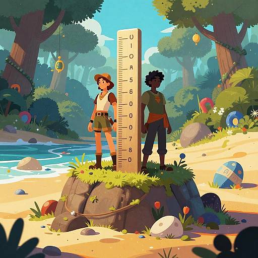 Digital artwork of two children standing on a rock in a sunny forest, measuring height with a ruler, surrounded by colorful toys and a river. Vibrant