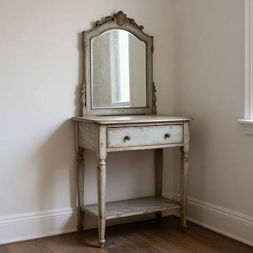 Vintage wooden vanity with ornate mirror, weathered white finish, two small drawers, and a lower shelf, positioned in a corner.