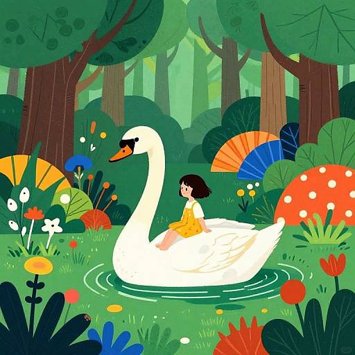 Digital illustration of a girl with black hair in an orange dress riding a white swan in a vibrant, colorful forest pond.