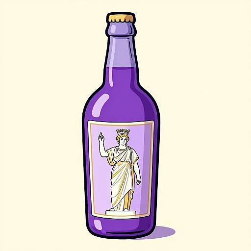 Digital illustration of a purple glass bottle with a gold cap, featuring a white and yellow classical statue of a robed figure on the label, set against