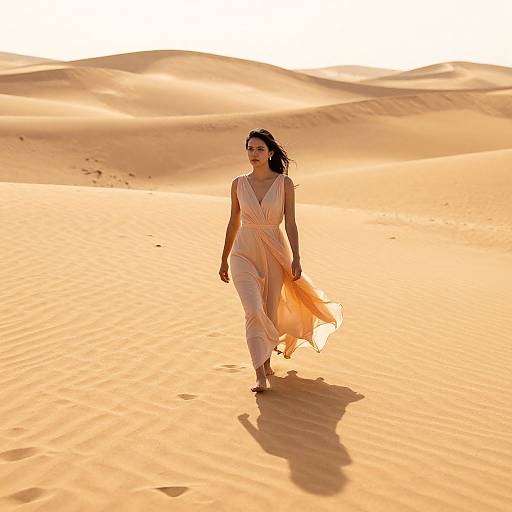 Photograph of a woman with dark hair in a flowing white and orange dress walking through golden sand dunes at sunset, casting a shadow on the rip