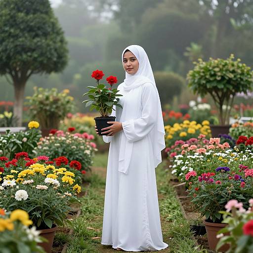 Photograph of a young woman in a white hijab and long white dress, holding a black pot with red flowers, standing in a vibrant, colorful