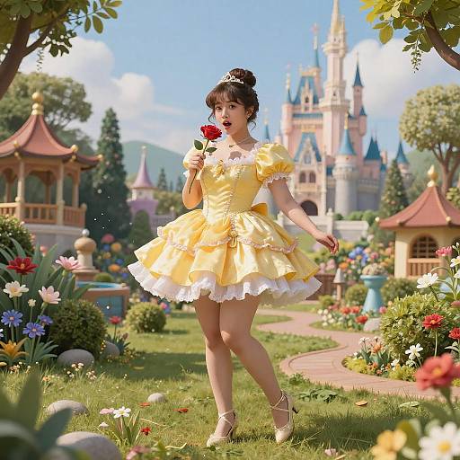 Woman in Yellow Dress Holding Red Rose in Fairy Tale Garden