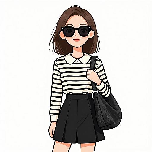 Digital anime-style drawing of a cute young woman with brown hair, black sunglasses, striped white and black shirt, black skirt, and black bag.