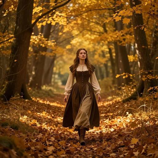 Photograph of a woman with long brown hair in a Victorian-style brown dress, walking through an autumn forest with golden leaves and sunlight filtering through trees.