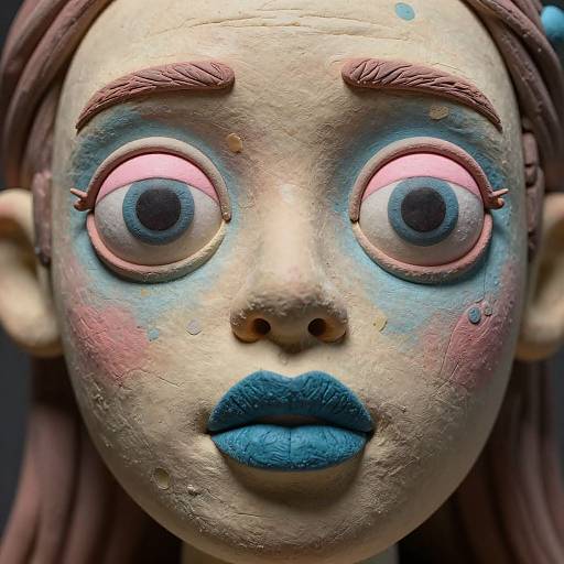 Photograph of a surreal, clay-like humanoid mask with exaggerated, wide eyes, blue lips, pink and blue face paint, and brown hair.