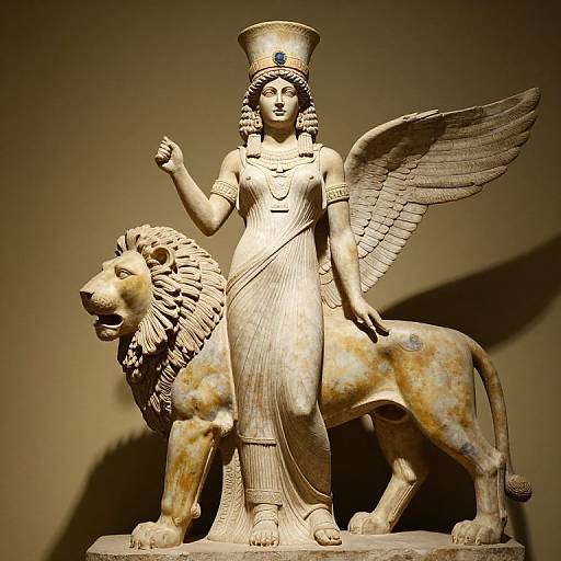 Photograph of an ancient Egyptian statue depicting a winged, regal woman with a lion, wearing a headdress and dress, standing against a dark
