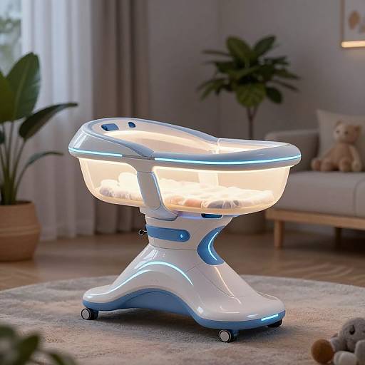 Photograph of a modern, glowing, white and blue smart toilet with sleek design, illuminated seat, and wheels, set in a cozy living room with
