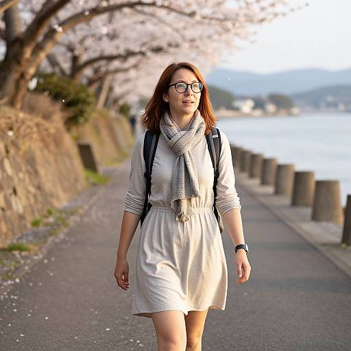 Photograph of a red-haired woman with glasses, gray scarf, white dress, and backpack, walking along a cherry blossom-lined river path.