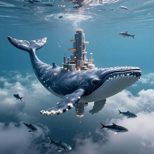 Digital artwork of a futuristic skyscraper floating on a massive blue whale's back, surrounded by sharks, above clouds. Bright sunlight filters through the water.
