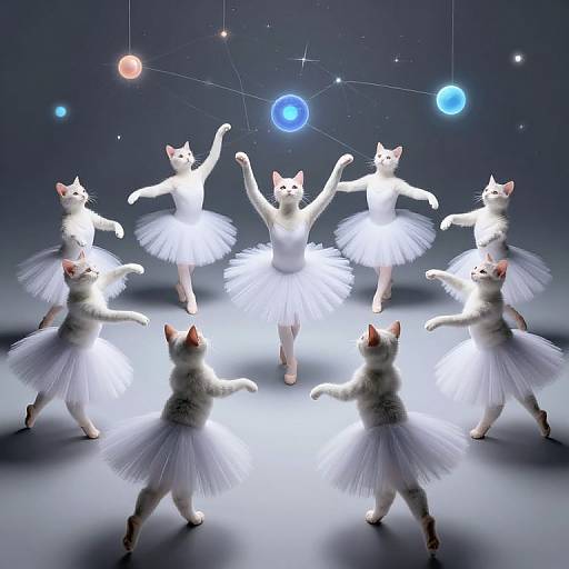 Digital art of seven white cats in tutus, performing ballet in a starry, cosmic background with glowing planets.