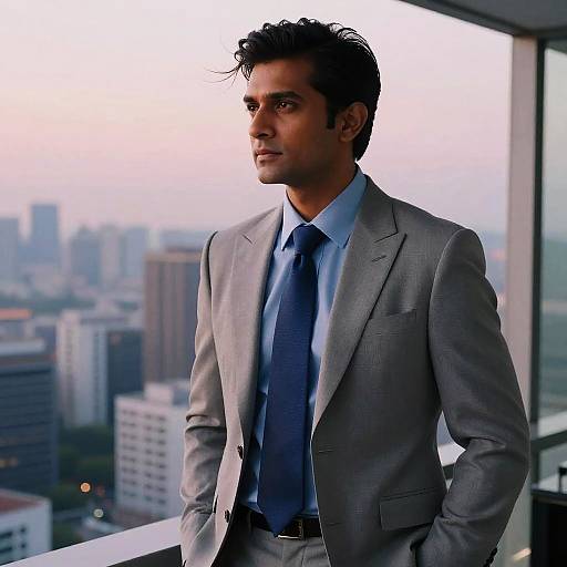 Photograph of a handsome, dark-haired man in a gray suit and blue tie, standing on a balcony at sunset, looking pensively at the city