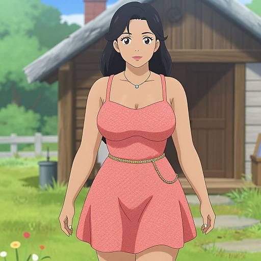 Anime-style digital drawing of a curvy woman with black hair, wearing a pink, polka-dotted dress and gold chain belt, standing in front