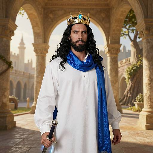 Photograph of a bearded man with long black hair, wearing a white robe, blue scarf, golden crown, and holding a sword, standing in