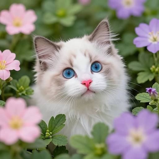 Photograph of a fluffy white cat with bright blue eyes and a pink nose, surrounded by pink and purple flowers with green leaves.