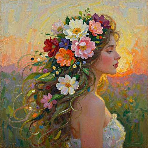 Digital painting of a serene, fair-skinned woman with long, wavy brown hair adorned with vibrant flowers, gazing at a radiant sunset in a