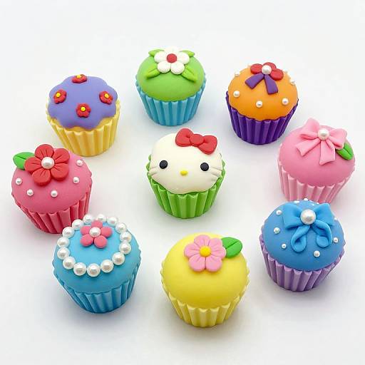 Photograph of colorful, decorated cupcakes with floral and bow-themed fondant toppings in bright purple, green, orange, pink, blue, and yellow.