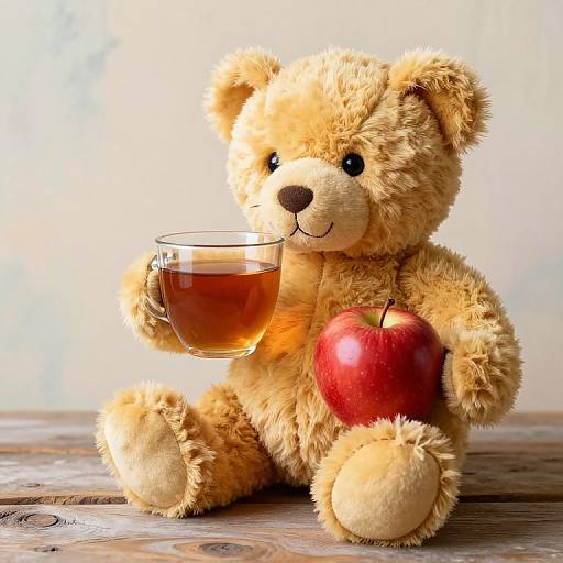 Photograph of a fluffy, tan teddy bear with black eyes, holding a glass of tea and a red apple on a wooden surface.
