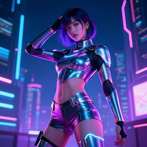 Neon-lit cyberpunk scene: Asian woman with purple bob, wearing shiny black latex crop top and shorts, futuristic cityscape background. Photoreal