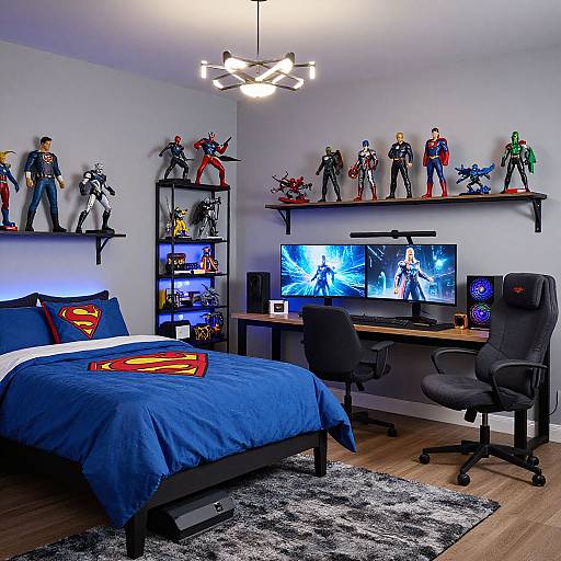 Photograph of a Superman-themed bedroom with blue bedspread, superhero figurines on shelves, gaming setup, black office chair, and modern light fixture.