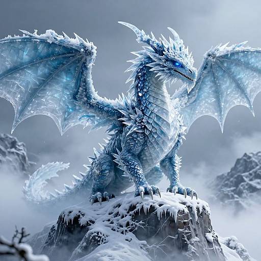 Digital artwork of a fierce, blue, ice-covered dragon with glowing eyes and sharp, icy wings, standing on a snowy mountain peak.