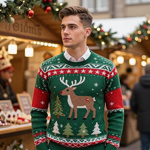 Photograph of a handsome young man with short brown hair, wearing a festive green Christmas sweater with reindeer and trees, standing in a warmly lit,