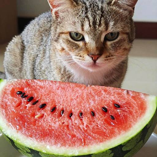 Cat Sitting on Watermelon Close-Up