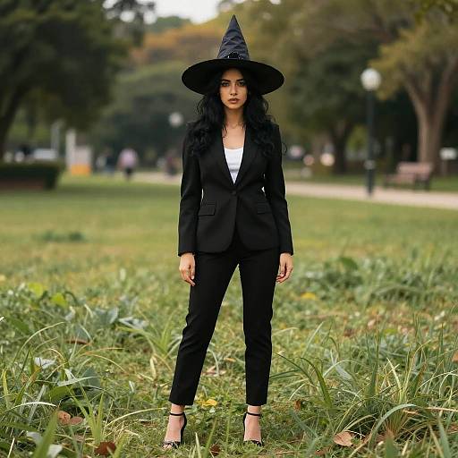 Photograph of an Asian woman with long black hair, wearing a black witch hat, blazer, and pants, standing in a grassy park.